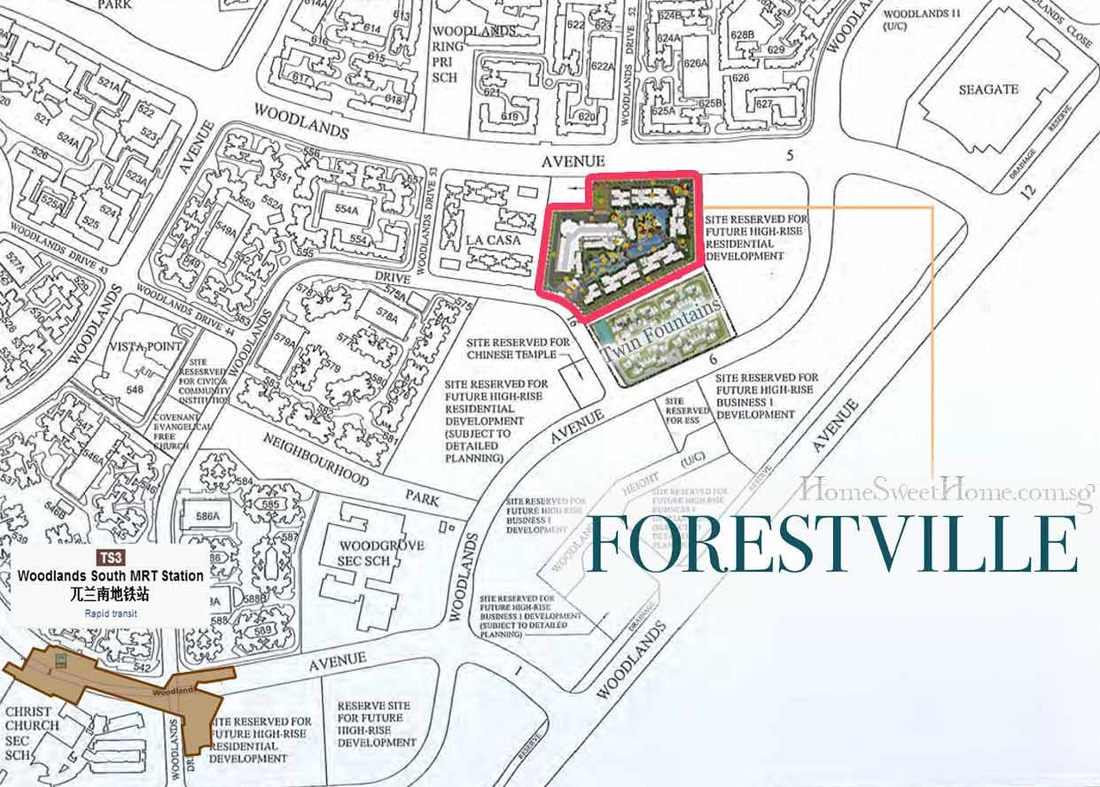 Forestville EC - Site Plan, Unit Facing, Pool View, Bellewoods View, La Casa Pool View, Twin Fountains Facing, Height, Distance