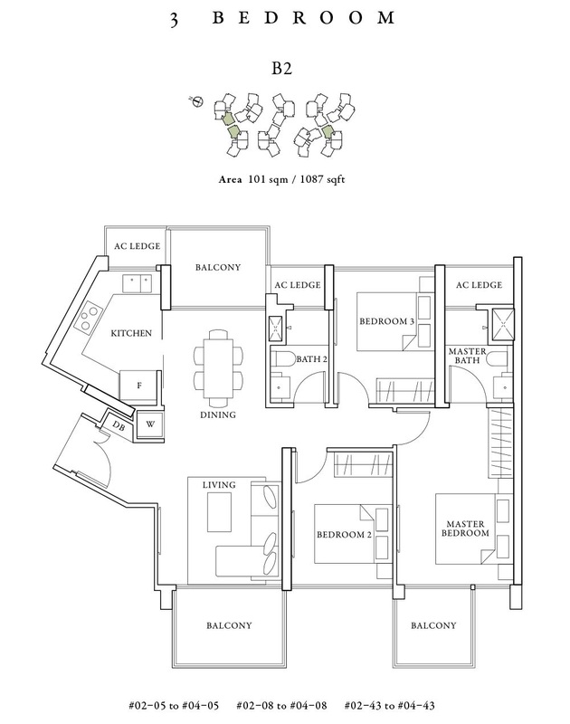 Seventy St Patrick's Floor Plans 3 Bedroom 1087 sqft Facing - Outward, Pool View