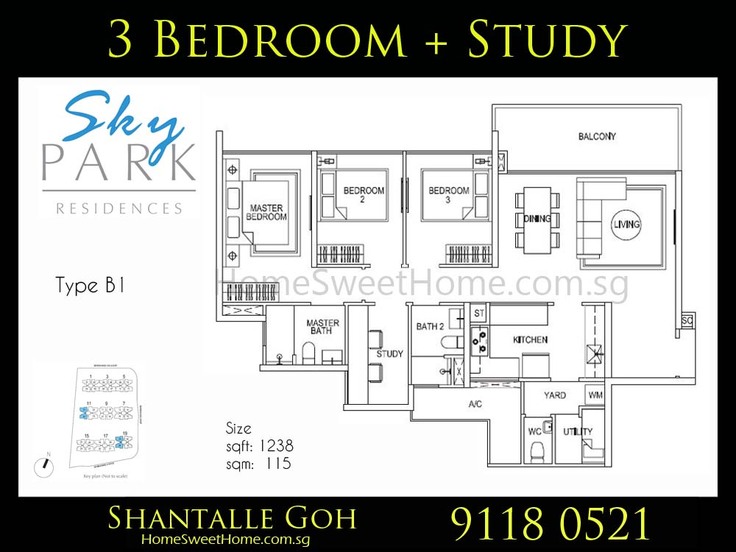 SkyPark Residences - 3 Bedroom with Study - Floorplan