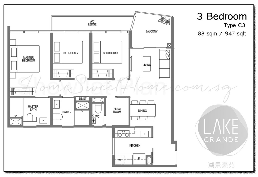 Lake Grande Condo Floor Plan - 3 Bedroom Size 947 square feet