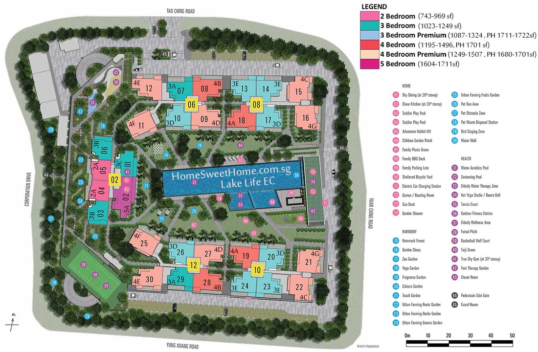 LakeLife EC Site Plan - Unit Size sqft / sqm; Unit Layout of 2, 3, 4, 5 Bedroom, Premium, Penthouse, Patio PES - Lake Life