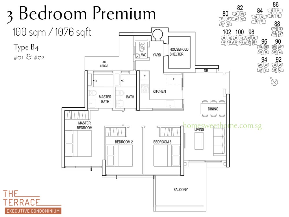 The Terrace EC Floor Plan - 3 Bedroom Premium B4 - Size 100 sqm / 1076 sqft