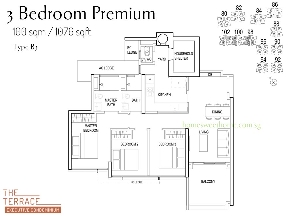 The Terrace EC Floor Plan - 3 Bedroom Premium B3 - Size 100 sqm / 1076 sqft