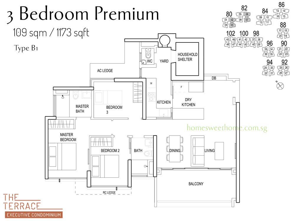 The Terrace EC Floor Plan - 3 Bedroom with Dry and Wet Kitchen - 109 sqm / 1173sqft