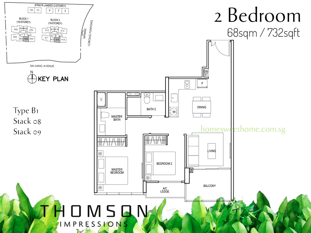 Thomson Impression Condo Floor Plan - 2 Bedroom, Type B1 & B2