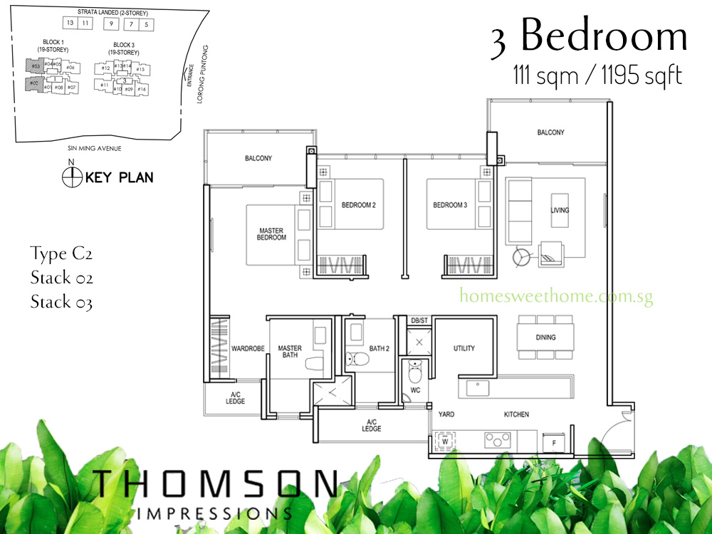 Thomson Impressions Floor Plan - 3 Bedroom with Yard, Utility, WC: 111 sqm / 1195 sqft