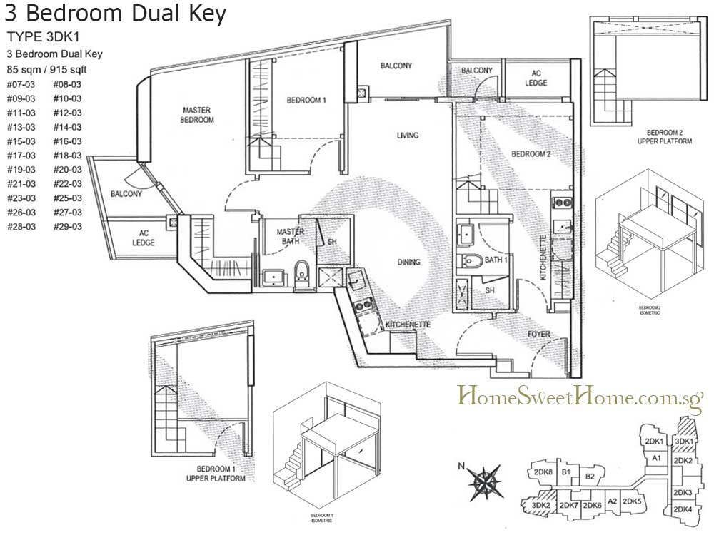 Condominium New Launch Floor Plan - 3 Bedroom Dual Key 915 sqft