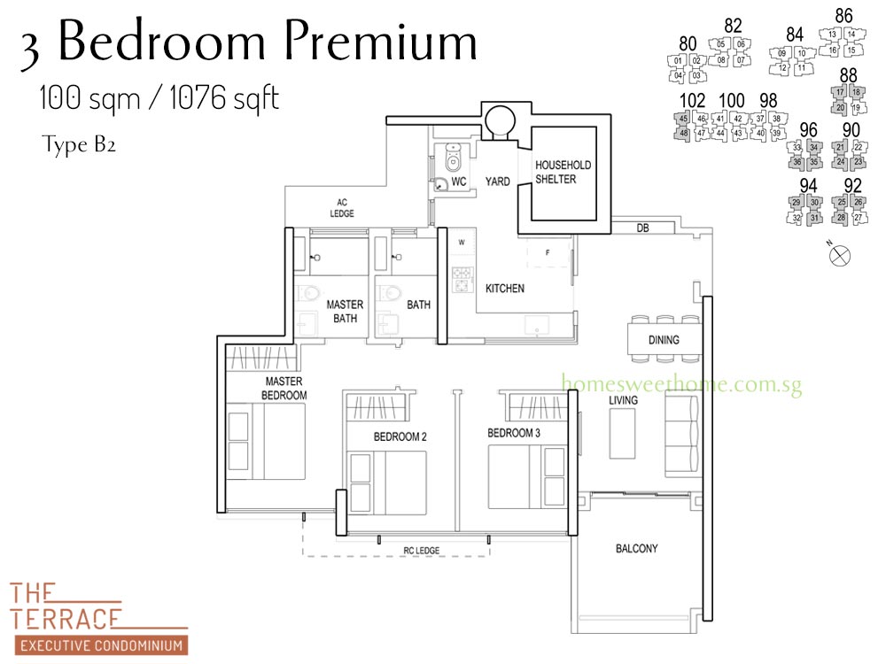 The Terrace EC Floor Plan - 3 Bedroom B2 Showflat Type - 100 sqm / 1076 sqft