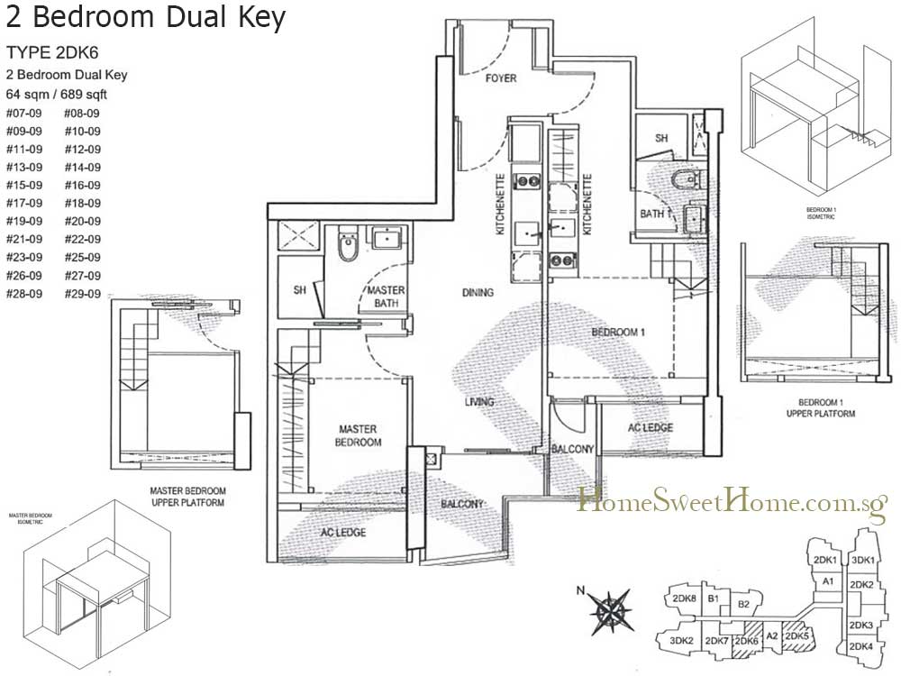 Unit Layout and Size of 2 Dual Key:  64 sqm