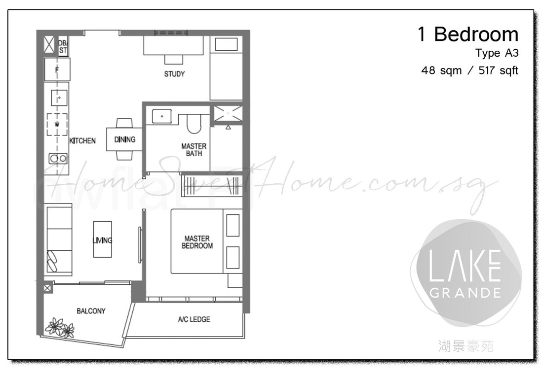 Lakegrande Floor Plan - 1 Bedroom , Studio, Study