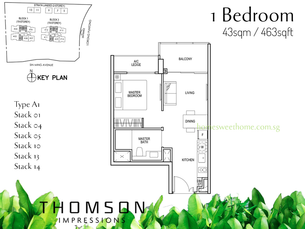 Thomson Impressions Condo Floor Plan - 1 Bedroom (43sqm / 463 sqft) Type A1