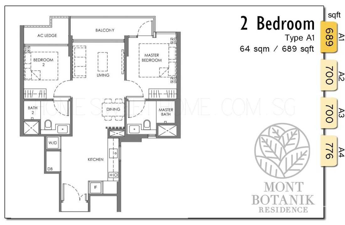 Mont Botanik Residence Condo 2 Bedroom Floor Plan A1