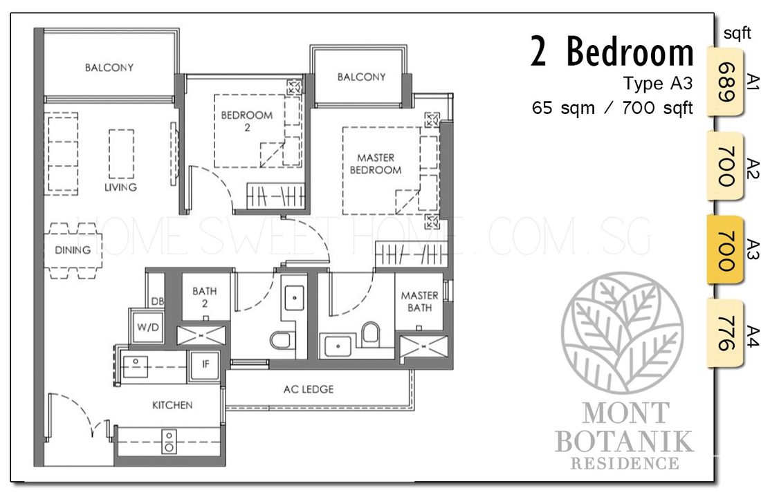 Mont Botanik Residence Condo 2 Bedroom FloorPlan A3