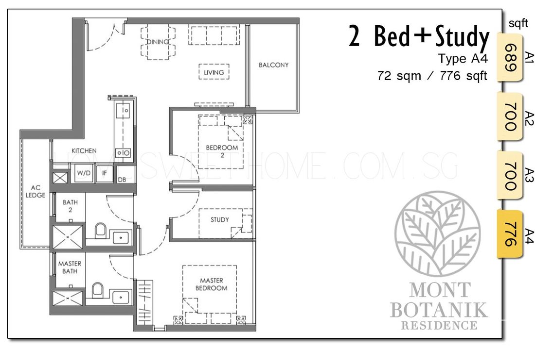Mont Botanik Residence Condo 2 Bedroom with Study FloorPlan A4
