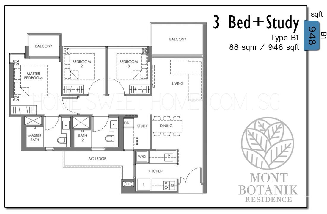 Mont Botanik Residence Condo 3 Bedroom with Study Floor Plan B1