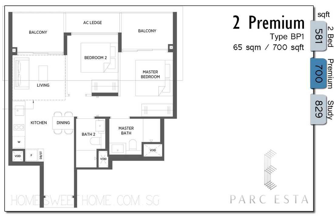 There are 3 types of 2 Bedder Units at Parc Esta. with 1 or 2 bathroom. Premium Units have 2 baths.