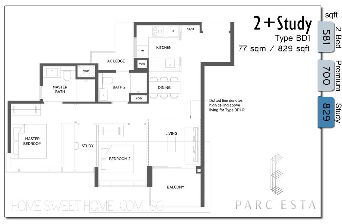 Parc Esta 2 BR with Study Price from $1,278,000, Area / Size is 829 sqft / 77sqm
