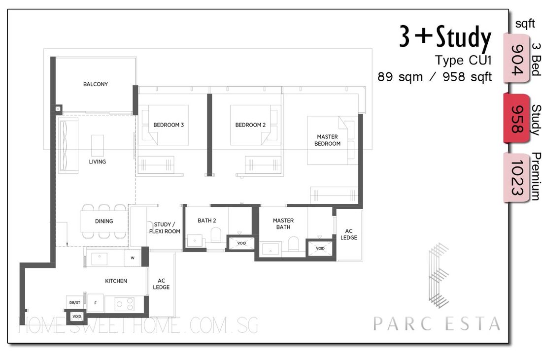 Parc Esta Condo Floor Plans - 3 Bedroom layout with huge Study Area / Flexi Room, storeroom / utility area / extra bedroom! Enclosed kitchen, no extra toilet. Area 958 sqft or 89 sqm