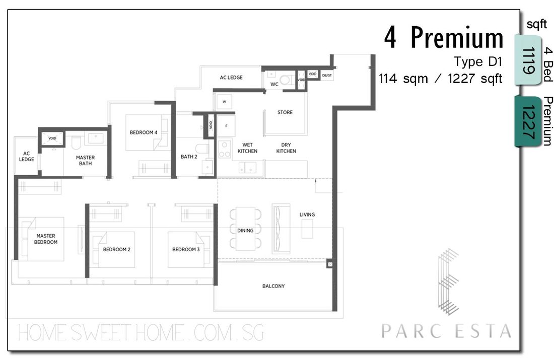 Parc Esta New Launch Condo Floor Plans - 4 Bedroom luxurious living in style. High ceiling / void area above living, dining hall. Double volume. High ceiling units. No Bathtub / Long shower . No Junior Master Bedroom. No frills and functional 4 Bedder type