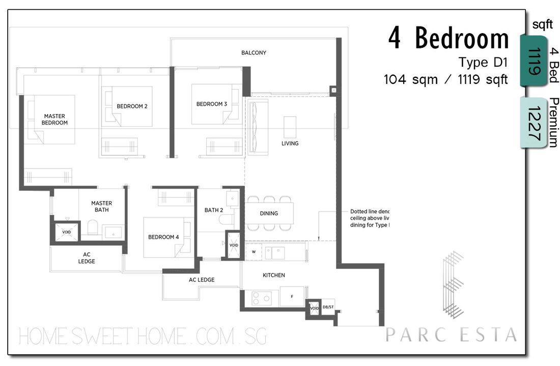 Parc Esta New Launch Condo Floor Plans - 4 Bedroom for big family to stay together. Enclosed kitchen, no utility room/store room. All 4 bedrooms can fit queen/king sized beds!