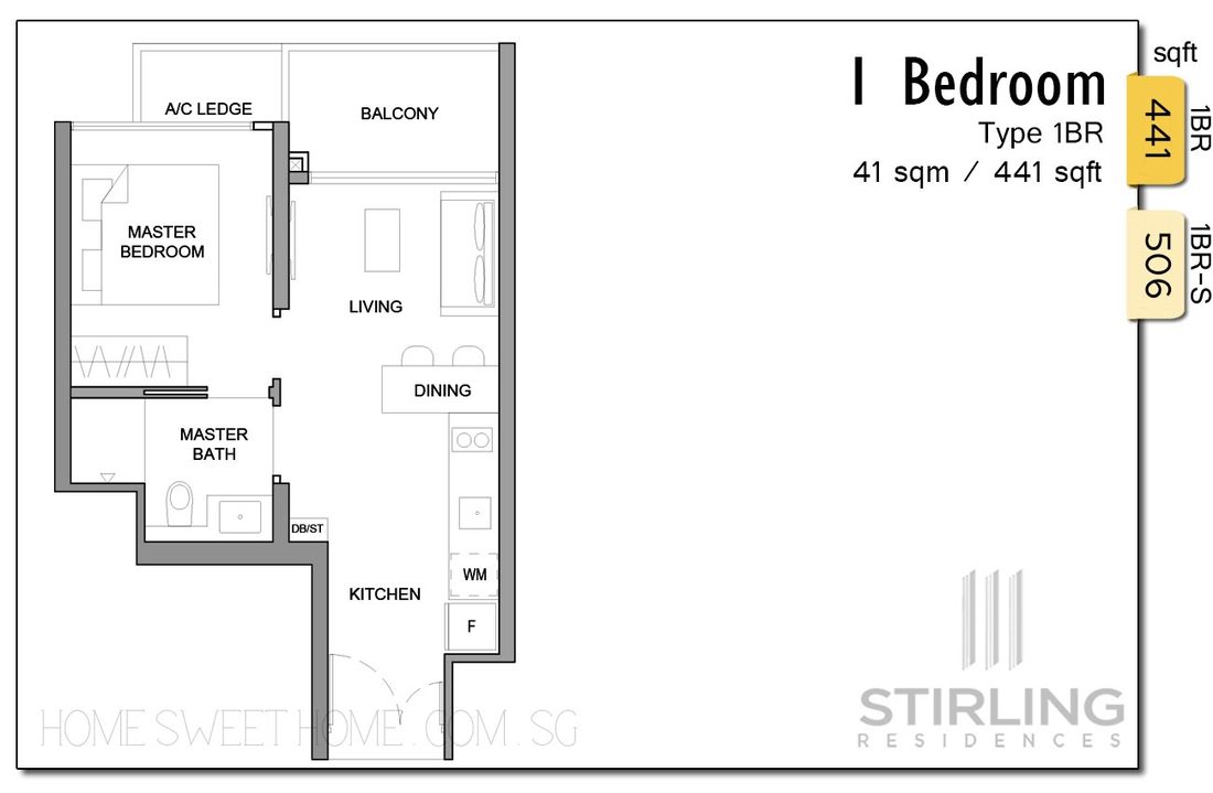 Stirling Residences Condo Floor Plan - 1 Bedroom 441 sqft