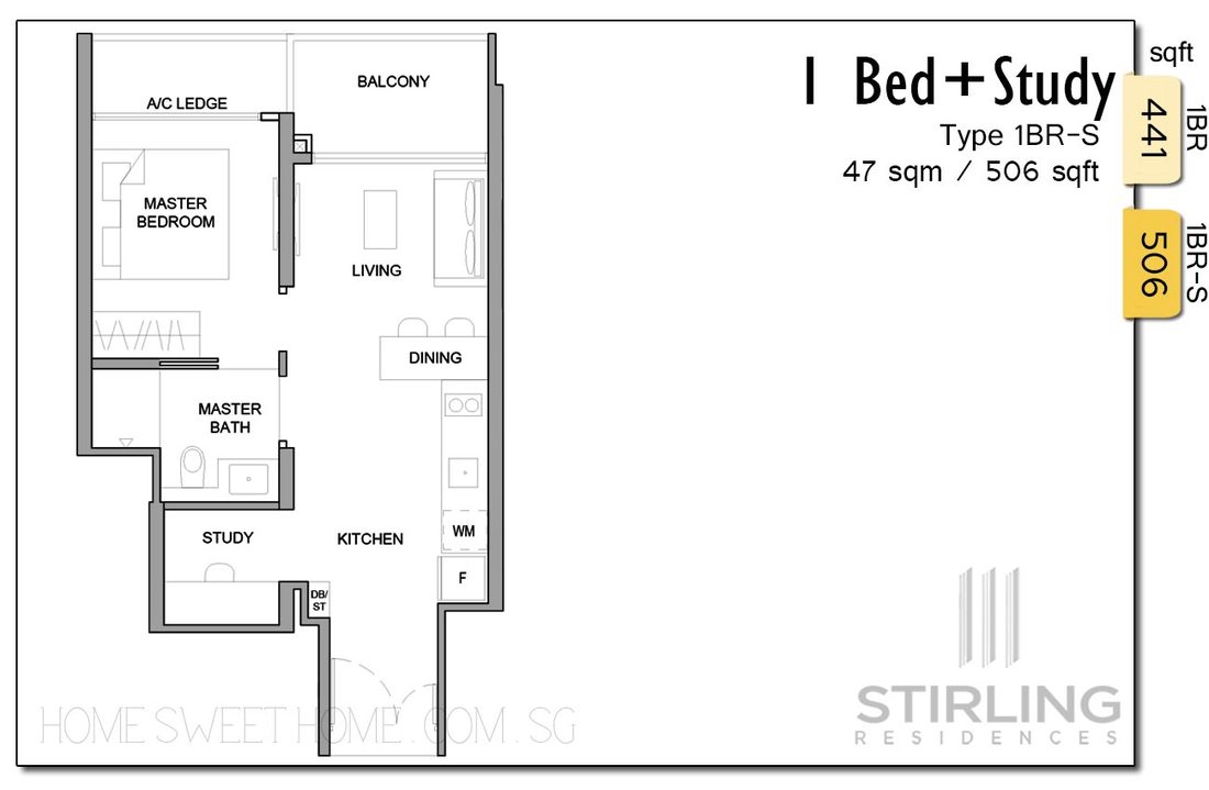Stirling Residences Floor Plans - 1 Bedroom with Study is 506 sqft. High Ceiling unit is 710 sqft