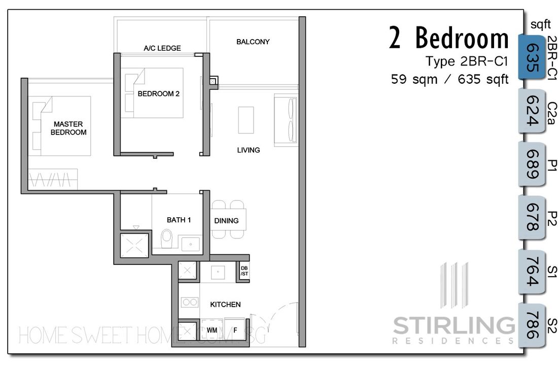 Stirling Residences Condo Floor Plan - 2 Bedroom Area 635 sqft