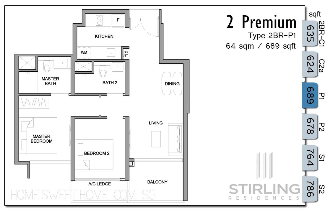 Stirling Residences Floor Plans - 2 Bedroom Premium comes with 2 bathrooms. 689 sqft in size. 2 bedrooms on the same side, or on opposite side