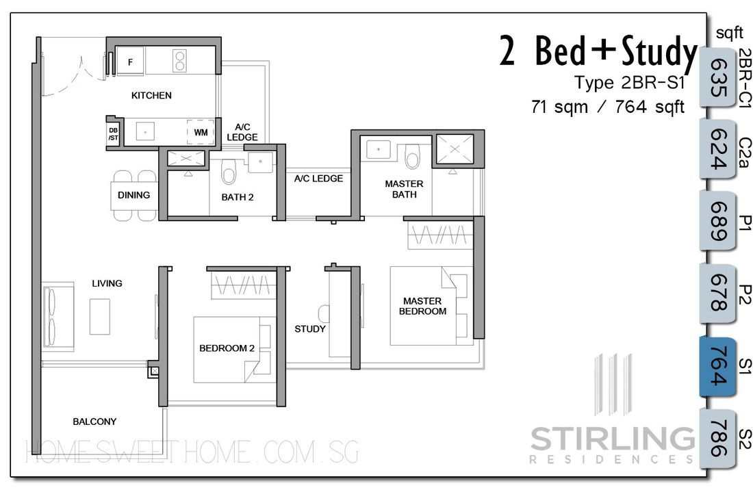 Stirling Residences Floor Plans - 2 Bedroom with Study layout comes with 2 bathrooms and additional half-room with huge window. Size 764 sqft. You can choose to have 2 bedrooms on the same side, or opposite sides of the living room, creating less walkway a.k.a wasted/unusable space.