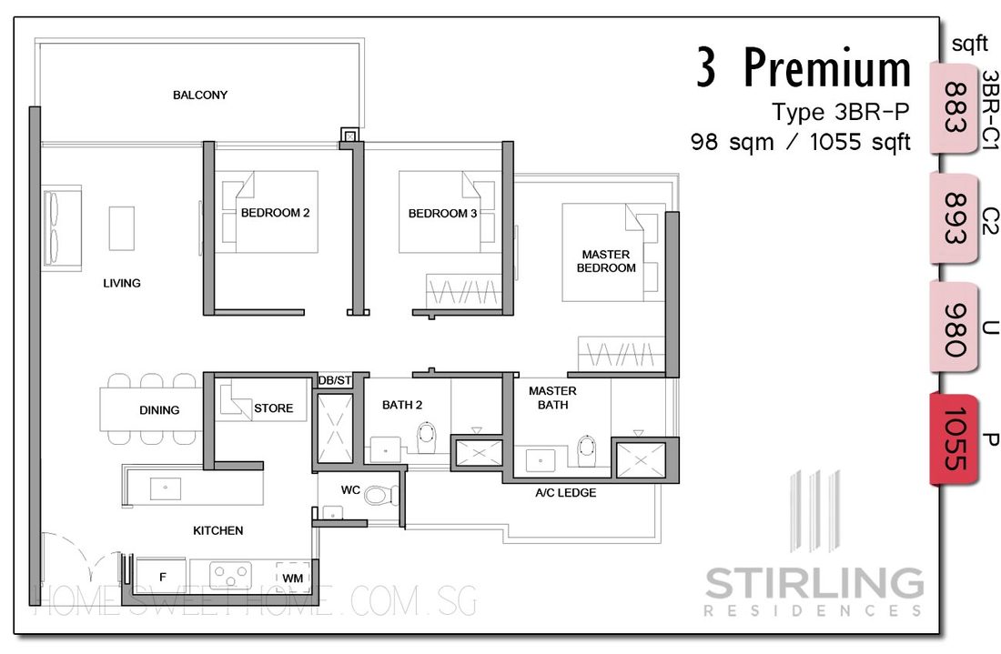 Stirling Residence Condo Floor Plans - 3 Bedroom for big family with helper / maid living together. Unit is designed with huge storeroom / utility area / extra bedroom! Enclosed kitchen with glass panel for more brightness and class, and additional WC/ toilet for the helper's use. 1055sqft.