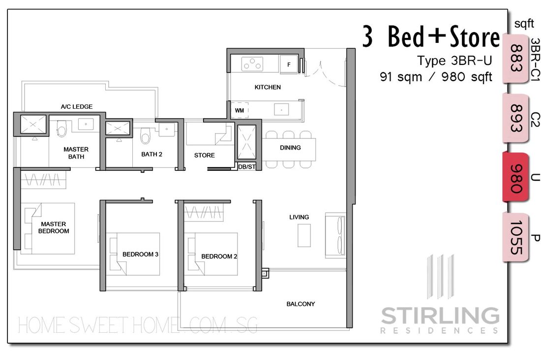 Stirling Residence Condo Floor Plans - 3 Bedroom layout with huge storeroom / utility area / extra bedroom! Enclosed kitchen, no extra toilet. 980 sqft or 91 sqm area. 
