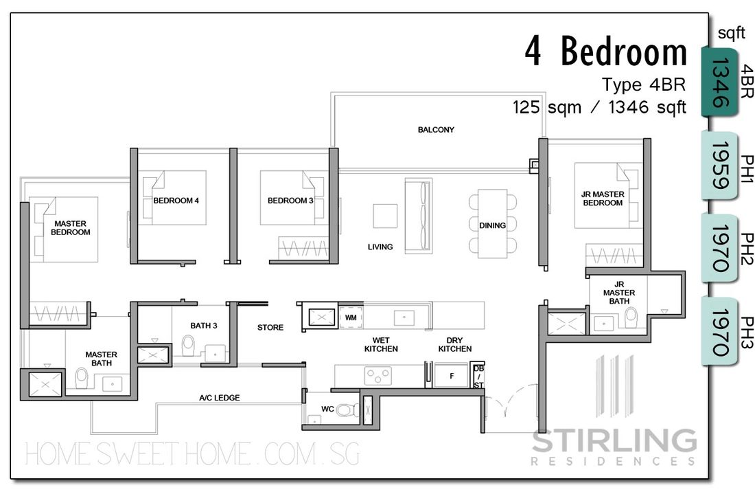 Stirling Residences New Launch Condo Floor Plans - 4 Bedroom for big family to stay together. Wet and Dry kitchen, comes with extra utility room/storage space and an extra WC/toilet. All 4 bedrooms with full height windows and face the same view. All fit queen/king sized beds!