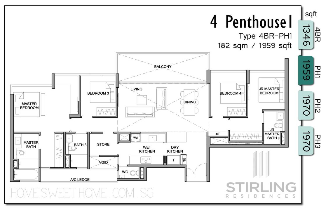 Stirling Residences New Launch Condo Floor Plans - 4 Bedroom luxurious living in style. High ceiling / void area above living, dining and balcony area. Double volume. High ceiling units. Bathtub / Long shower fits in master bathroom. Junior Master Bedroom with long wardrobe space.