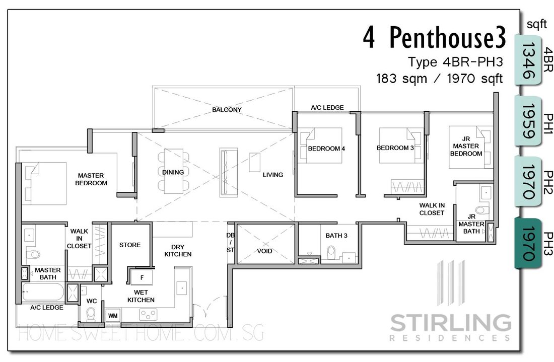 Stirling Residences New Launch Condo Floor Plans - 4 Bedroom Penthouse - 3 layouts to choose from. All are High ceiling / Double volume above living, dining and balcony areas. Bathtub / Long shower and Walk-in closet fits in master bathroom. Junior Master Bedroom is huge too. 1970 sqft in size. 